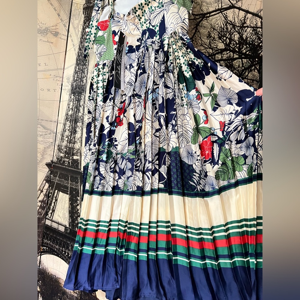 NWT dress Dalia McPhee Tie Shoulder Printed Pleated Midi Dress gucci stripe